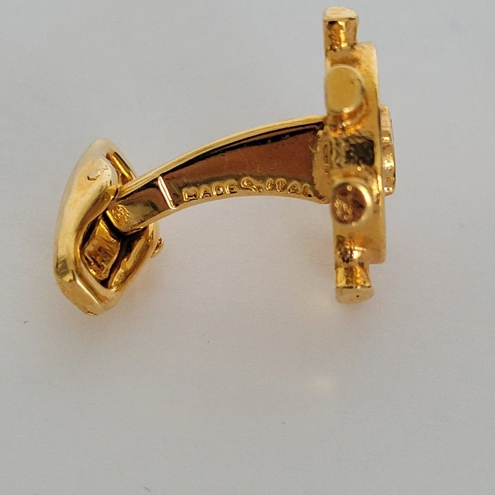 Celine Vintage Gold Tone Macadam Triomphe Ship Wheel Cufflinks Made in Italy